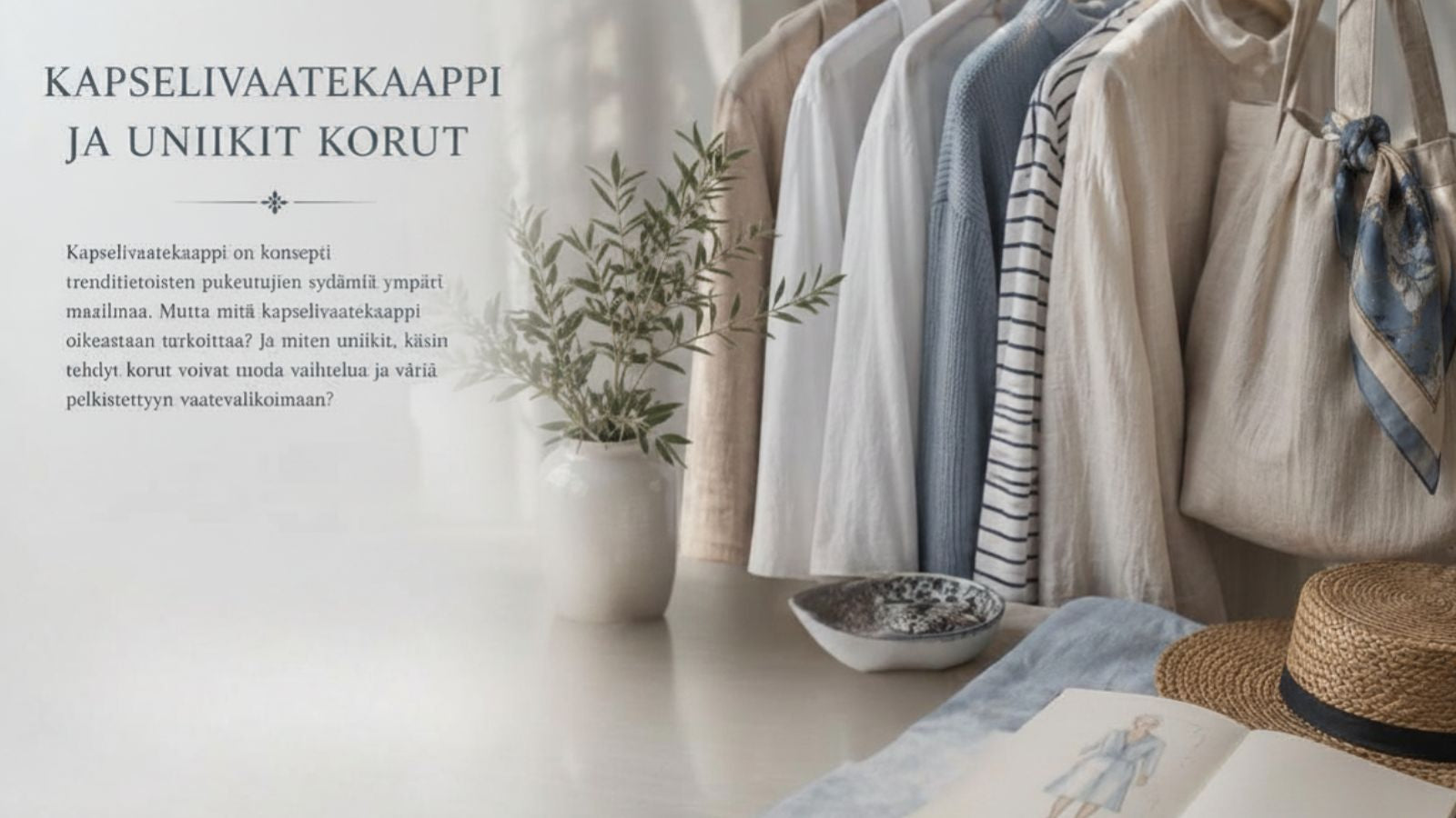Kapselivaatekaapin neutraalin sävyiset vaatteet  pehmeässä editorial-tunnelmassa – inspiraatiokuva