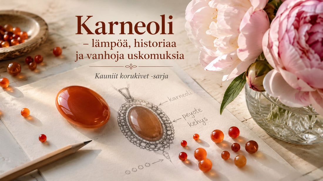 Työpöydällä soikea hiottu karneoli, koruluonnos sekä karneolihelmiä.
