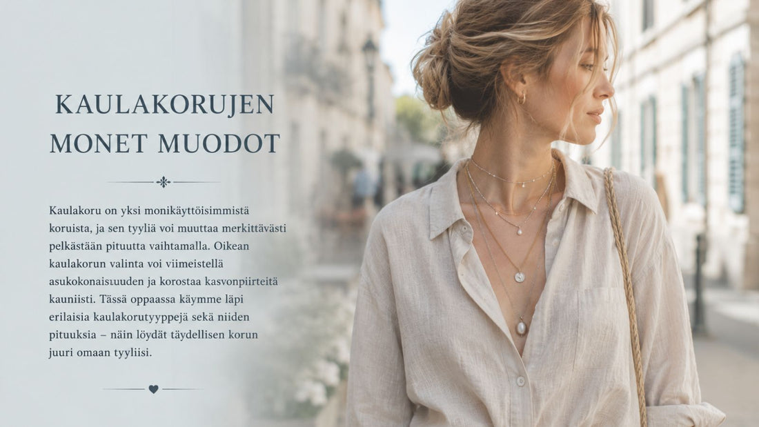 Eri pituisia kaulakoruja vaalean pellava-asun kanssa eurooppalaisessa katumaisemassa – editorial-tyylinen inspiraatiokuva kaulakorujen kerrostamiseen