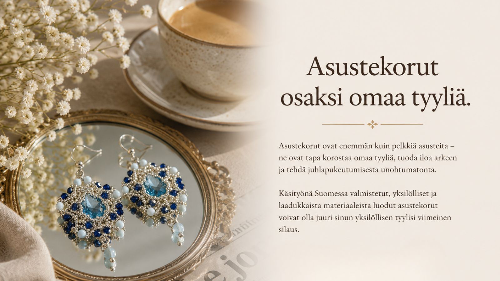 Uniikit sinisävyiset käsintehdyt korvakorut editorial-tyylisessä asetelmassa peilin, kukkien ja pehmeän luonnonvalon kanssa