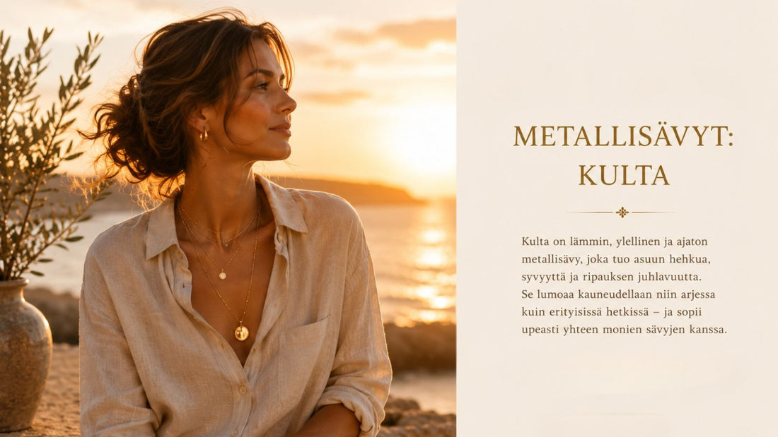 Kullan sävyiset korut lämpimässä auringonlaskussa ja vaaleassa pellava-asussa – editorial-tyylinen inspiraatiokuva kultaisista metallisävyistä