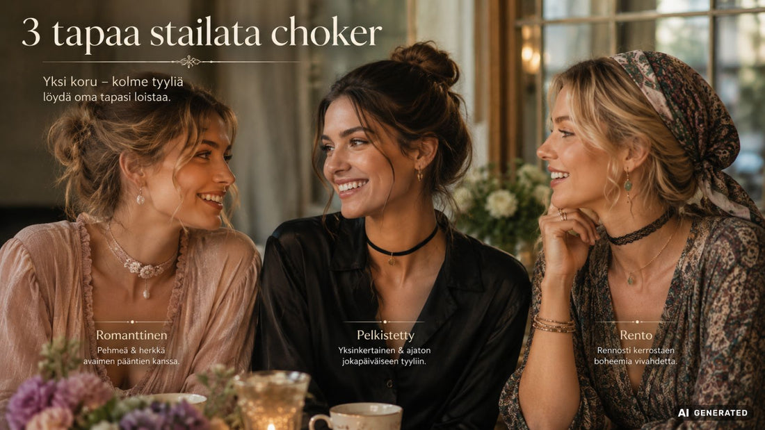 Kolme naista keskustelemassa pöydän ääressä, jokaisella kaulassa erilainen choker-kaulakoru