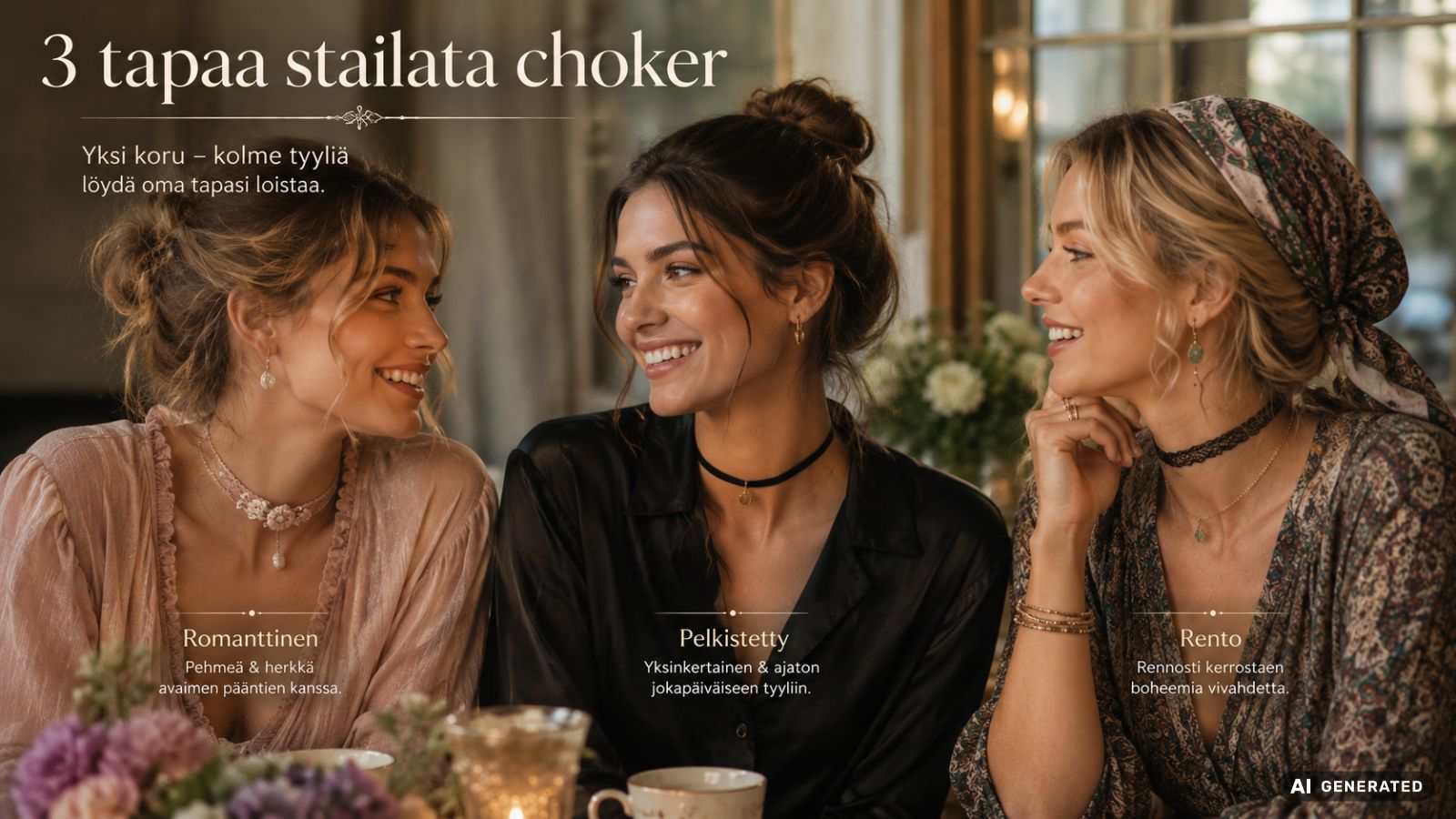 Kolme naista keskustelemassa pöydän ääressä, jokaisella kaulassa erilainen choker-kaulakoru