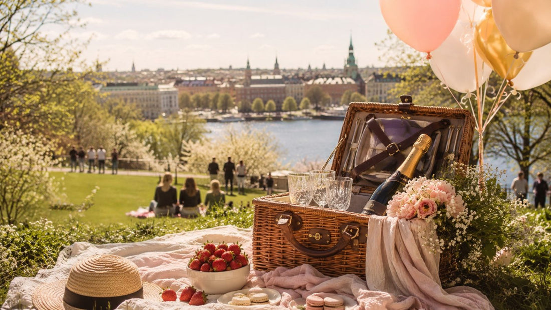Vappuhenkinen piknik puistonurmella. Korissa kuohuviiniä, mansikoita ja pastellisävyisiä ilmapalloja. Taustalla keväinen kaupunkimaisema ja ihmisiä viettämässä vappua pehmeässä ilta-auringossa.